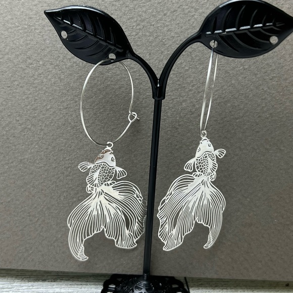 Oversized Silver Fish Hoop Earrings - Unique Statement Hoop Earrings - Picture 8 of 12